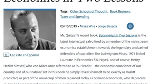 Hazlitt Predicted Economics in Two Lessons. By Jorge Besada.