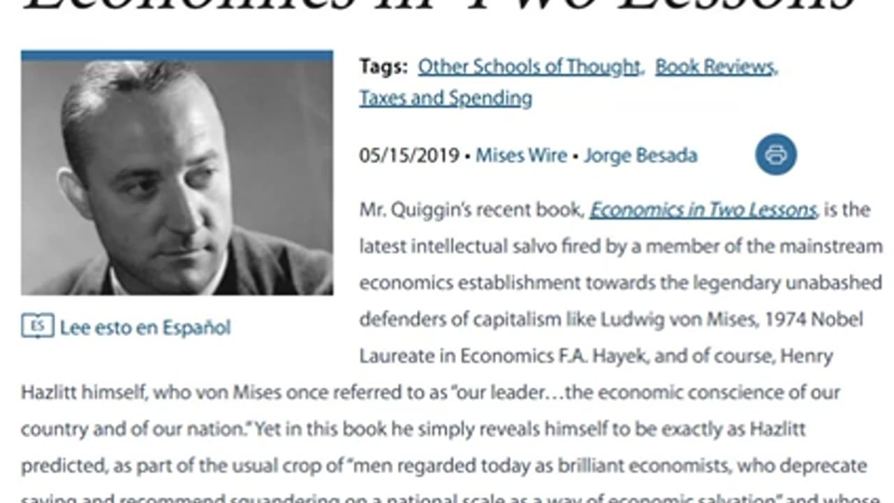 Hazlitt Predicted Economics in Two Lessons. By Jorge Besada.