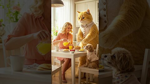 Cute Cat, lady & Dog eating breakfast