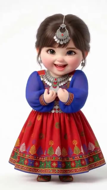 Cartoon afghan girl character dancing in traditional colorful dress with silver jewelry ornaments