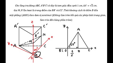 Toán 12: Cho lăng trụ đứng ABC.A^' B^' C^' có đáy là tam giác đều cạnh 1 cm,AA^'=√2 cm.