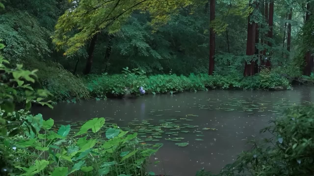 The beautiful little lake is raining