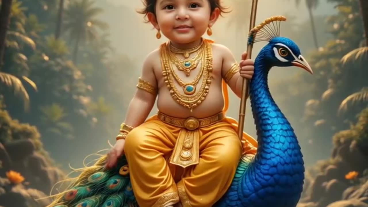 A divine child resembling Lord Murugan as a baby, sitting on a vibrant peacock