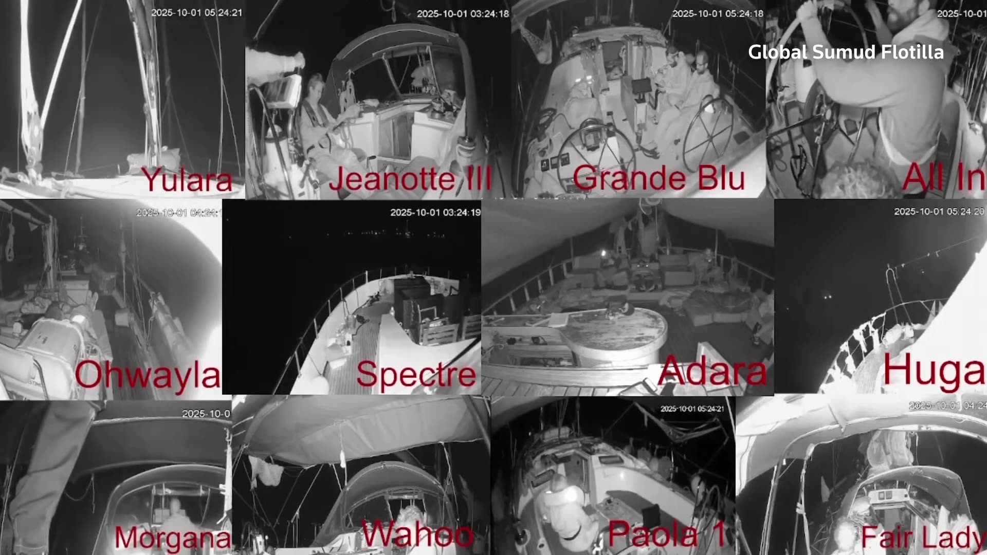 View from boat cameras of Sumud flotilla as boats sail towards Gaza