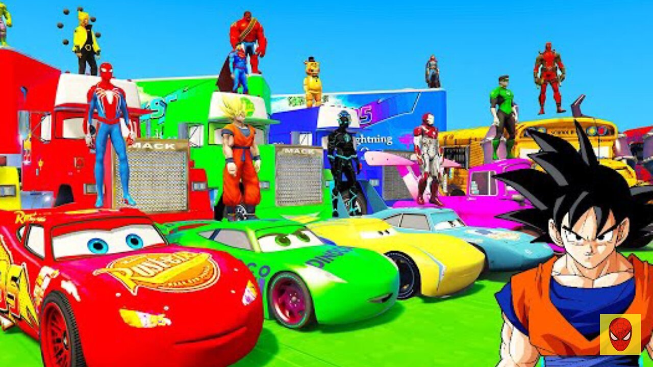 SPIDERMAN McQueen Vs MACK TRUCK Challenge on WINDMILL RAMP ! SUPERHERO HULK Disney Cars Race