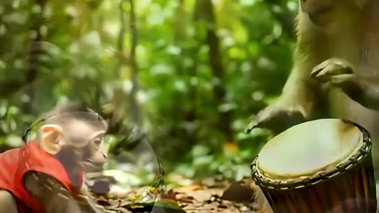 Cute Monkey Drumming While Baby Plays