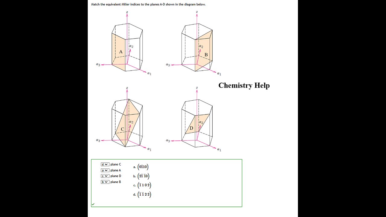 Chemistry Help: Match the equivalent Miller indices to the planes A-D shown in the diagram below.