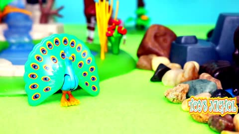 Two Pandas Playing on Water Slide with Giraffes in the Forest