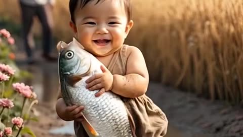 farmer's child catches fish🎣