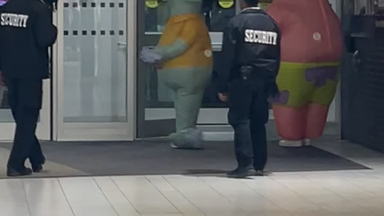 Security Guards Escort Spongebob Characters Out Of Oshawa Centre