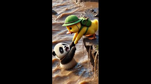 Duckling helps injured panda cub 🐥