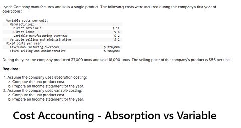 Cost Accounting: Lynch Company manufactures and sells a single product. The following costs were