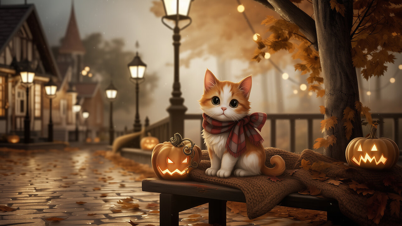 24/7 LIVE Cosy Rain Ambience | Halloween Evening With Ginger The Cat | Study, Work, Chill