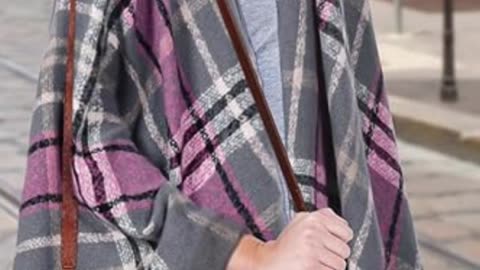 Women's Boho Open Front Poncho Knitted Plaid Shawl Wrap