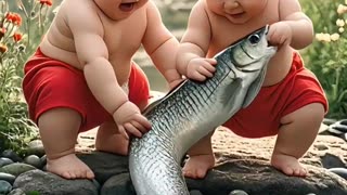 Cute babies playing with fish