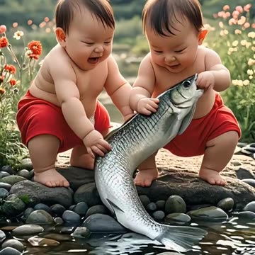 Cute babies playing with fish