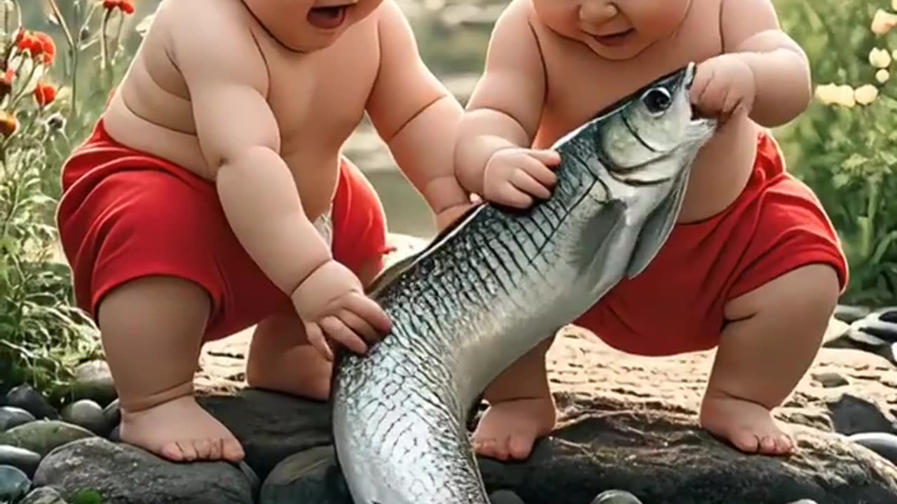 Cute babies playing with fish