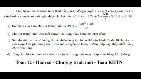 Toán KHTN: Chi phí vận hành trung bình (tính bằng triệu đồng/chuyến) của một công ty vận tải khi