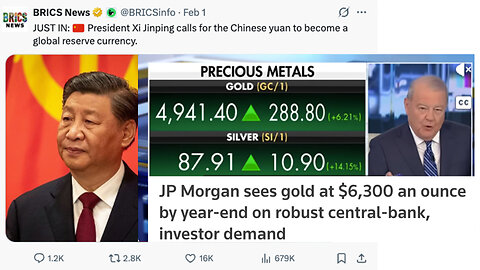 BRICS | BRICS Alliance Continues to De-Dollarize & Hoard the Earth’s Gold + China’s Xi Jinping Calls for Chinese Yuan to Become Global Reserve Currency + “JP Morgan sees gold at $6,300 an ounce by year-end” - Reuters (2.1.2026)