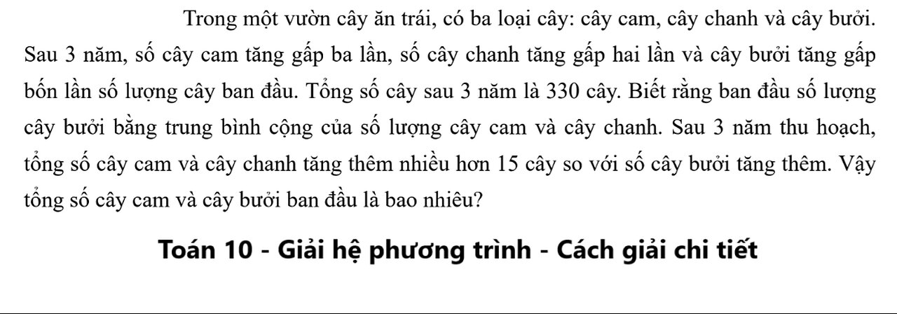 Toán 10: Trong một vườn cây ăn trái, có ba loại cây: cây cam, cây chanh và cây bưởi. Sau 3 năm,