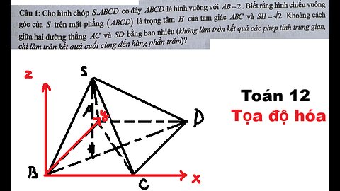 Toán 12: Tọa độ hóa: Cho hình chóp S.ABCD có đáy ABCD là hình vuông với AB=2. Biết rằng hình chiếu