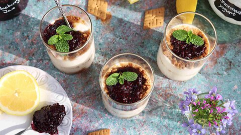 Ready in Less Than 10 Minutes. Easy Yogurt Parfait with Lemon cookies and Blueberry Jam