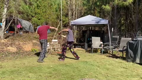 When I was a kid; Mom would get after us boys fighting with sticks!