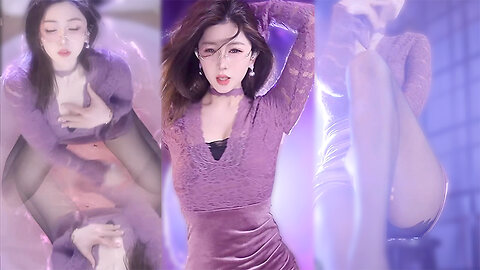 Streamer wearing a purple lace bodycon mini skirt, black stockings, high heels, revealing underwear