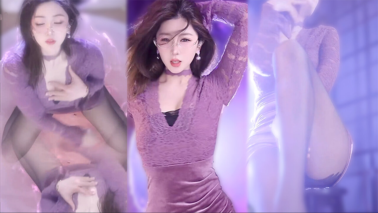 Streamer wearing a purple lace bodycon mini skirt, black stockings, high heels, revealing underwear