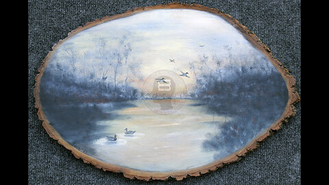 1968 Painting of Ducks on Lake by Mason City Artist on 17 1/2" x 12 Tree Slab