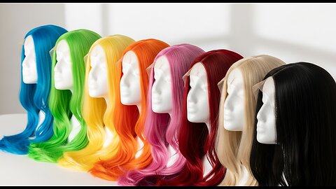 Colorful straight wigs in a row, showcasing a variety of hues for hair styling,