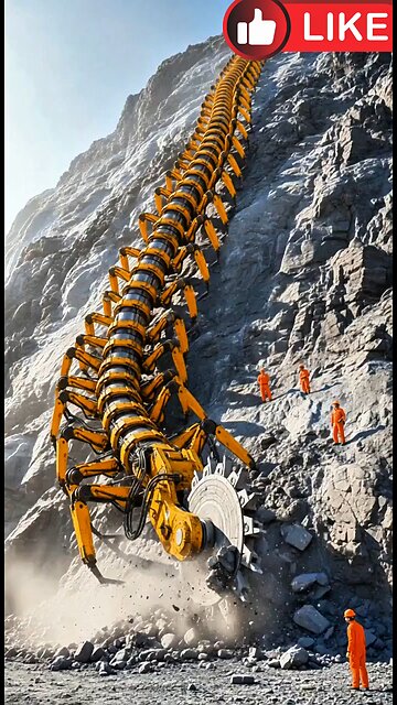 A unique type of bulldozer machine is breaking through a rocky mountain. AI Generate Unique Funny