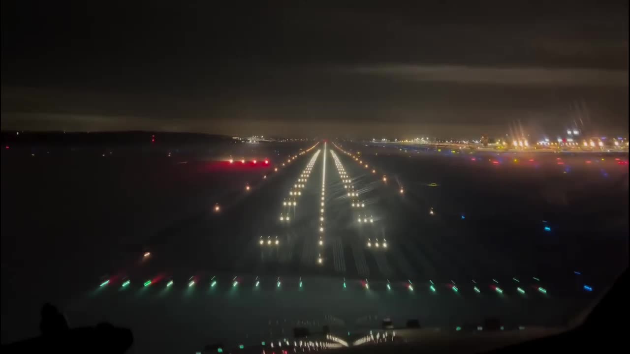 Landing at Helsinki Airport at night,in low cloud conditions