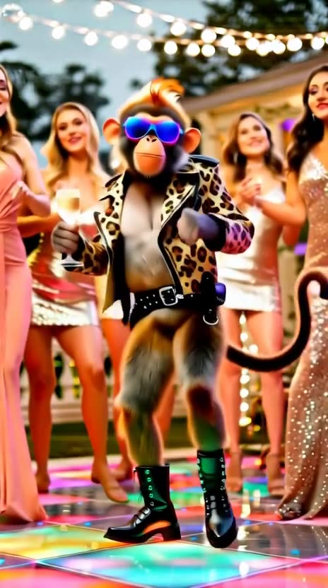 an anthropomorphic monkey in a leopard-print biker jacket and boots