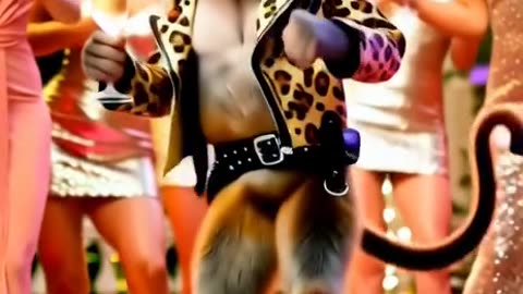 an anthropomorphic monkey in a leopard-print biker jacket and boots