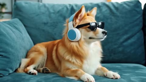 Chill Beats at Home: Trendy Dog in Headphones and Sunglasses