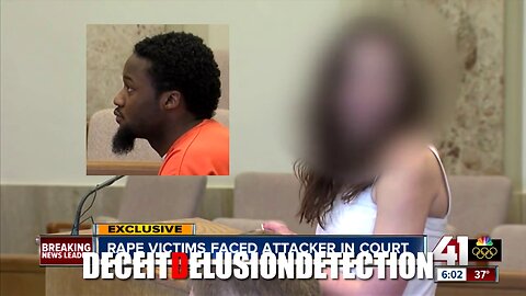 A white female rape victim confronts her black male attacker in court