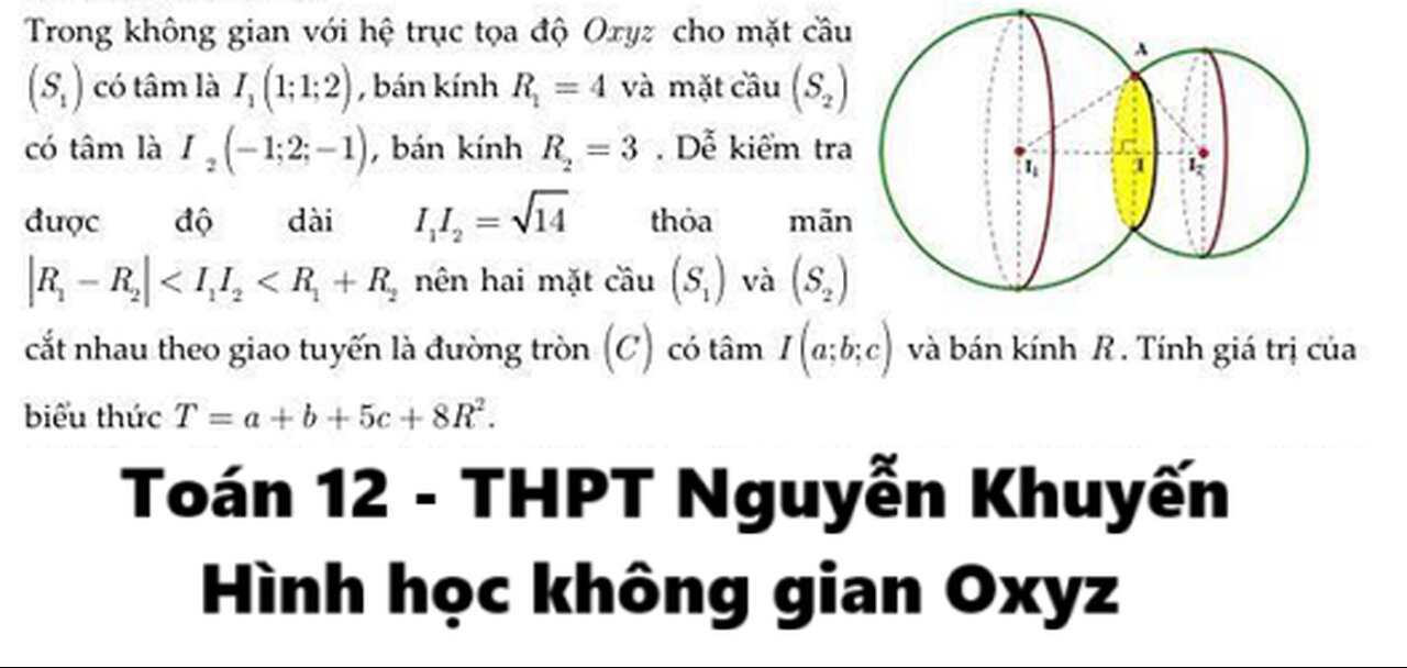 THPT Nguyễn Khuyến: Toán 12: Trong không gian với hệ trục tọa độ Oxyz cho mặt cầu S1 có tâm là I1