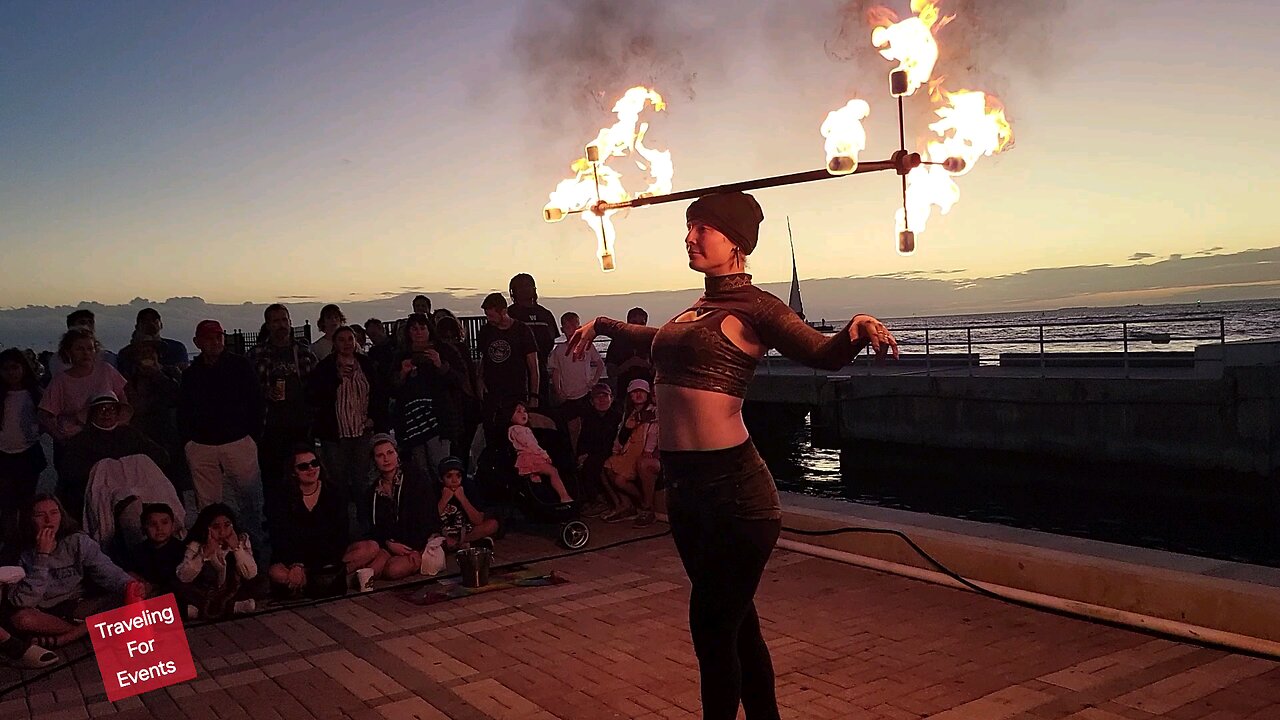 Fire Dragon Staff Spinning at Mallory Square in Key West Florida. Fire Dancing