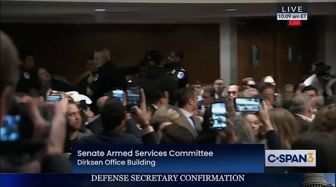 Capitol Police Pick Up And Carry Out Protester During Hegseth's Confirmation Hearing