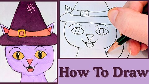 How To Draw: Cat in a Witch's Hat, Step by Step Drawing Tutorial
