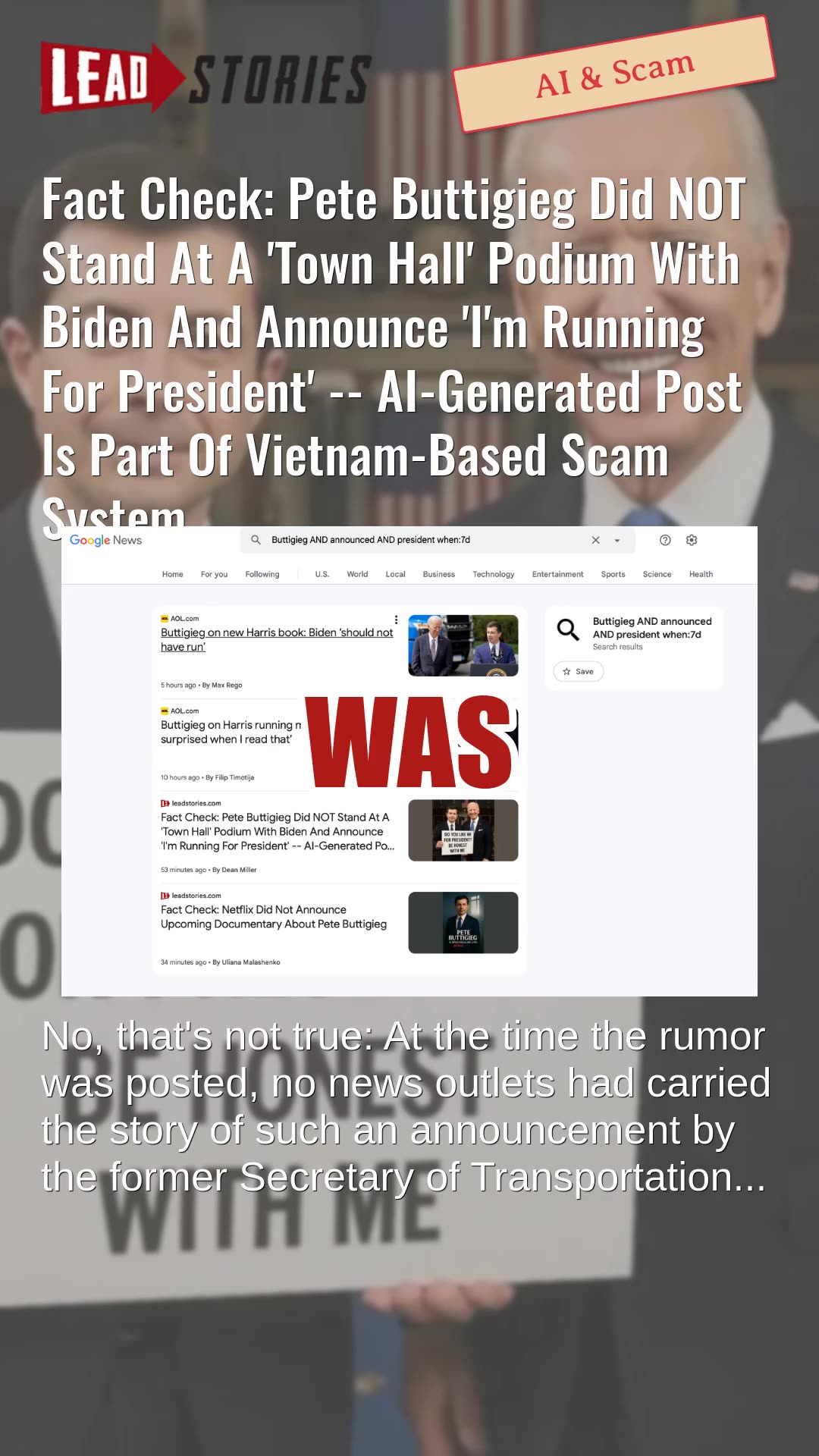 Fact Check: Pete Buttigieg Did NOT Announce Im Running For President Next To Biden -- AI Photo