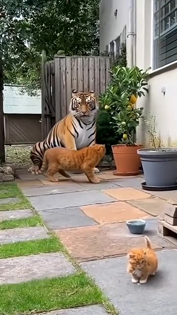 Created with AI：Brave Cat vs Ferocious Tiger 🐯 | Giant Orange Cat Fights to Save Two Kittens#cat