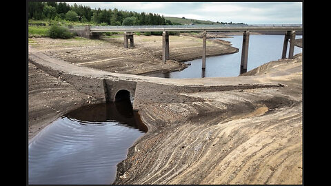 Yorkshire reservoir in drought. Old bridge fully visible (Part 1 of 2)