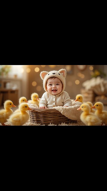 Adorable Baby in a Cozy Hat Surrounded by Playful Ducklings!