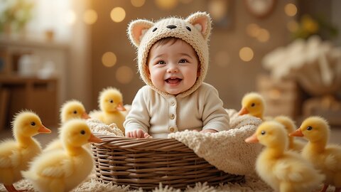 Adorable Baby in a Cozy Hat Surrounded by Playful Ducklings!