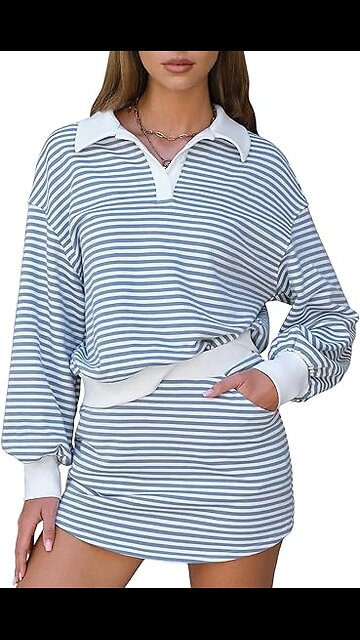 EXLURA Women Fall Two Piece Sets Cotton Striped Set Sweatshirt