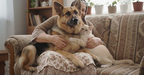 In the Swiss Alps… A dog and a cat go wildly jealous over Grandma’s hug! 🐶🐱 A scene full of love ❤️🌸