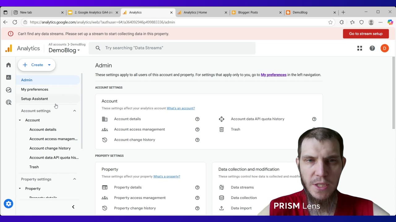 2.2. pt. 1/4 Doing account and property and Data Stream settings in Google Analytics 4