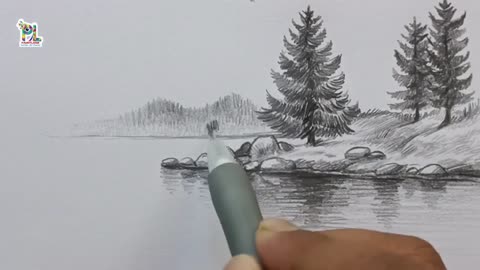 Pencil Drawing and Shading Lake Shore Art with easy Pencil Strokes